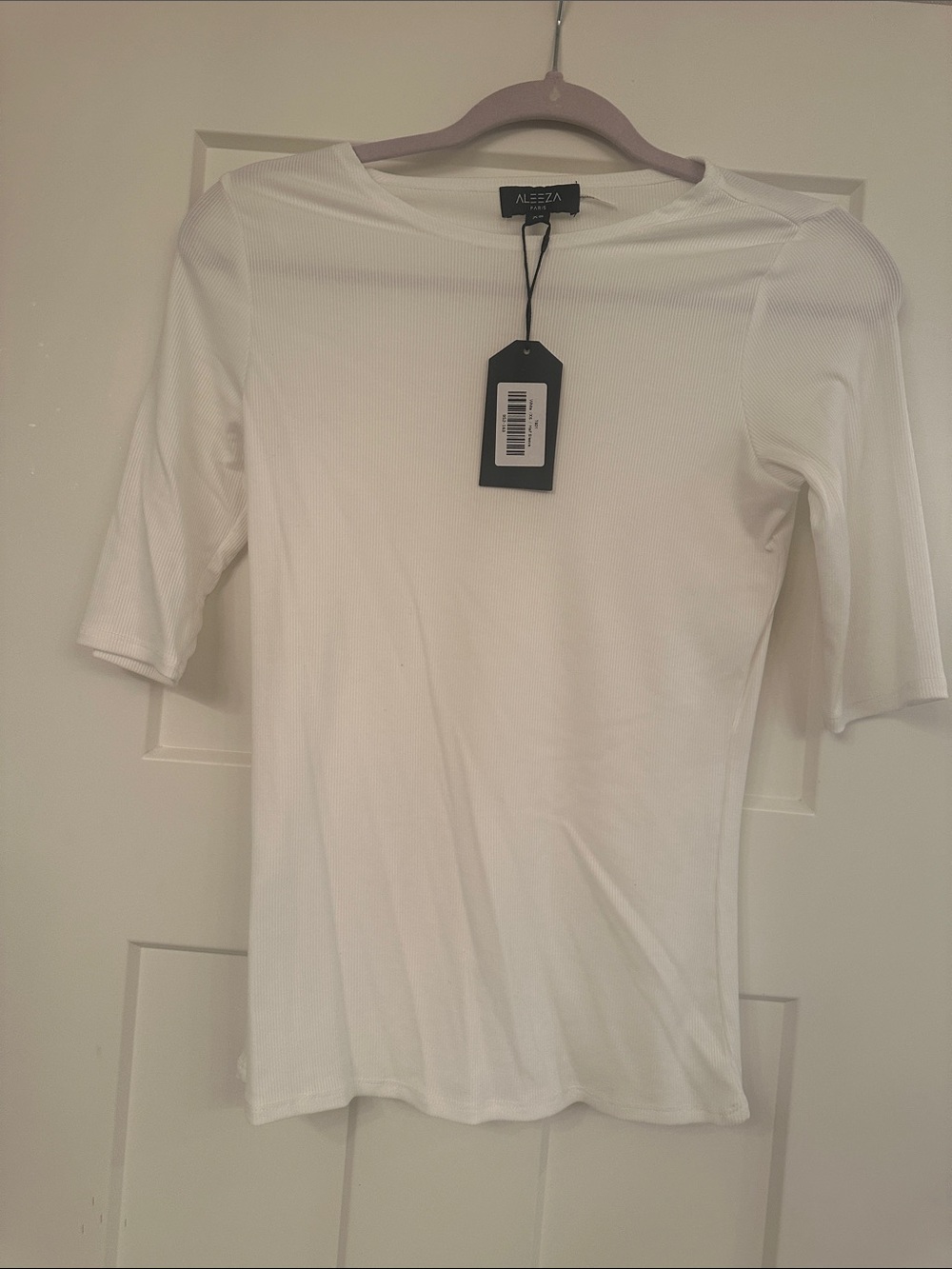 Aleeza White Ribbed Tee with Tag 3/4 sleeve